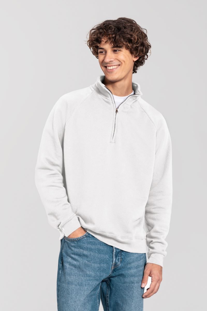 Fruit of the Loom Schwerer Sweater mit 1/4 Zip Iconic Premium Zip Neck Sweat – White