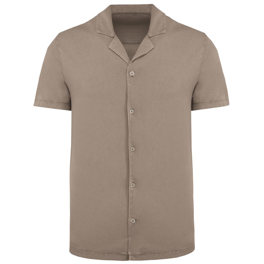 Spasso Umweltfreundliches ausgewaschenes Jersey-Herrenhemd mit kurzen Ärmeln und Bowling-Kragen SP522